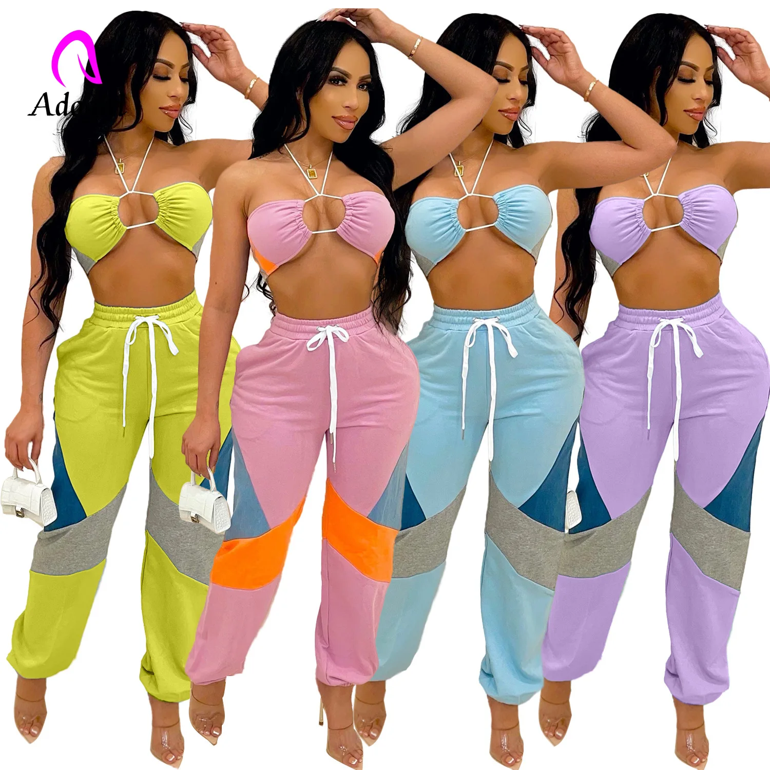 

Fitness Women 2 Piece Set Halter Crop Top Baggy Jogging Pants Matching Set 2021 Autumn Sexy Backless Night Club Party Tracksuits