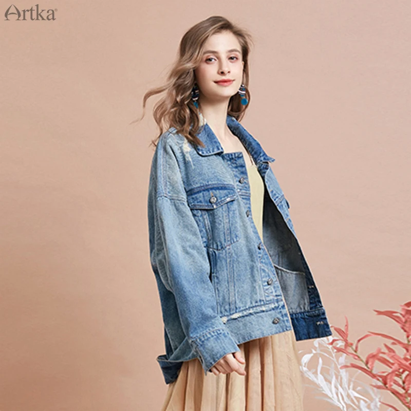 ARTKA/ Осенняя Новая женская модная джинсовая куртка с буквенным принтом, куртка в уличном стиле, джинсовые куртки женские, WN10094Q