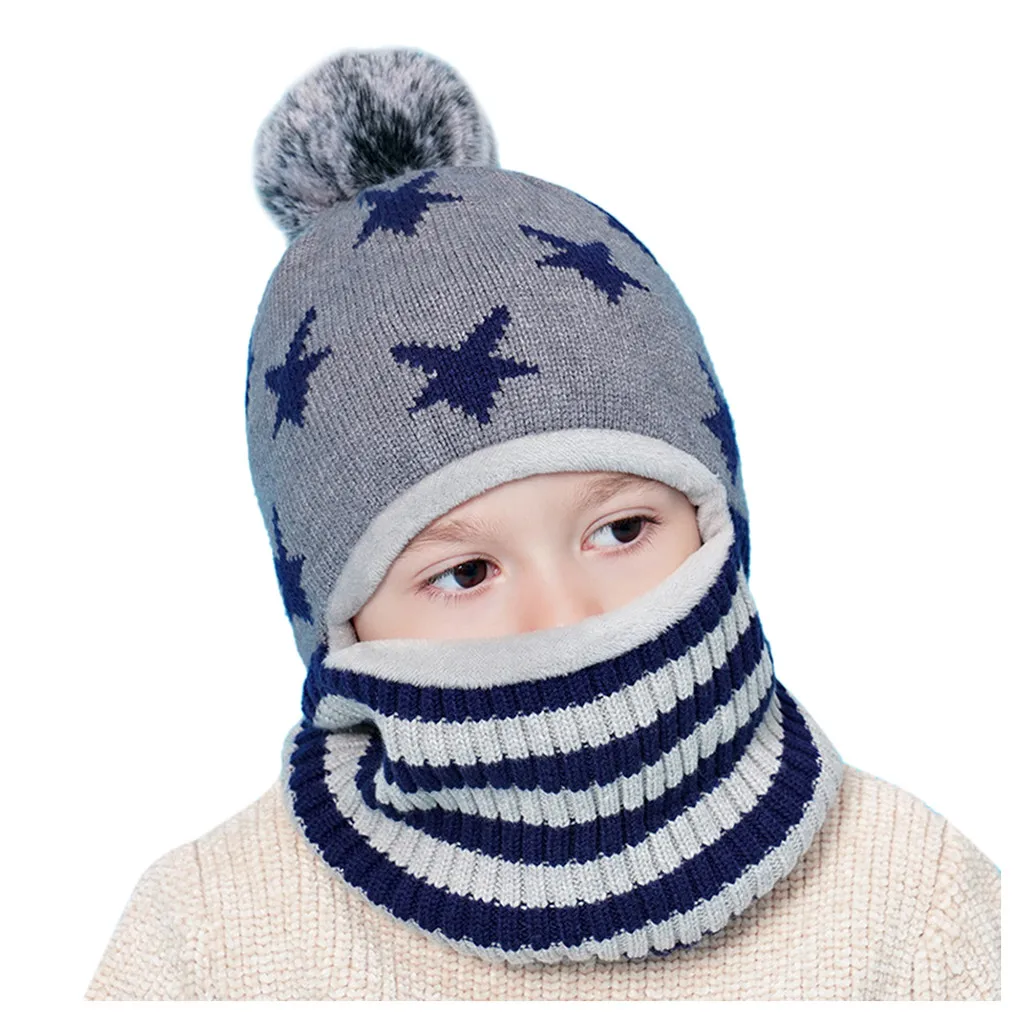 

Toddler Cap Scarf Kids 2-7-year-old Boys Girl Winter Fashion Cute Cartoon Cartoon Star Pompon Warm Knit Crochet Beanie Hat Suit