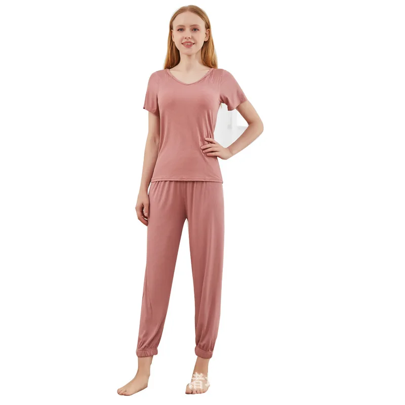 Spring Autumn New Women's Pajamas Sets Modal V-neck Short Sleeve Full Length with Bra 2Pcs Nightwear Loose Home Wear Sleepwear