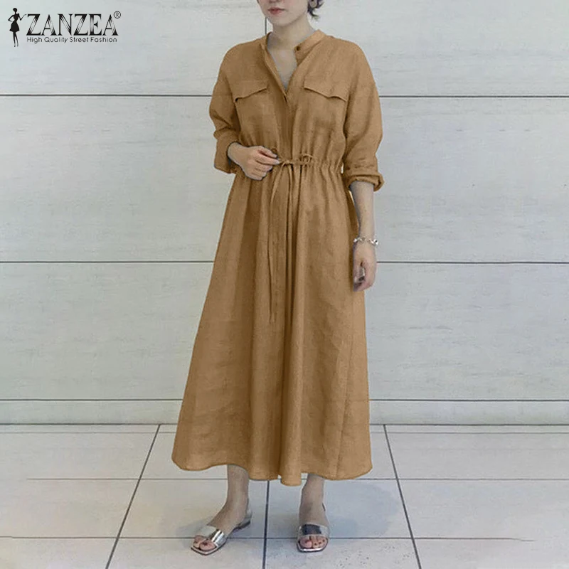 

Платье ZANZEA женское однотонное с длинным рукавом, элегантный осенний сарафан на завязках, повседневный вечерние ный вечерний наряд оверсайз...