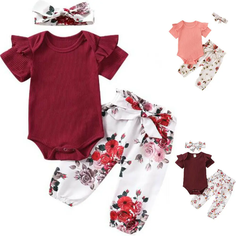 3 шт. детский комбинезон в рубчик с коротким рукавом и цветочными