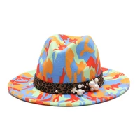 2021 colorful hats for women fashion flat wide brim panama wool felt jazz fedora hats for men tie dye color hat cap