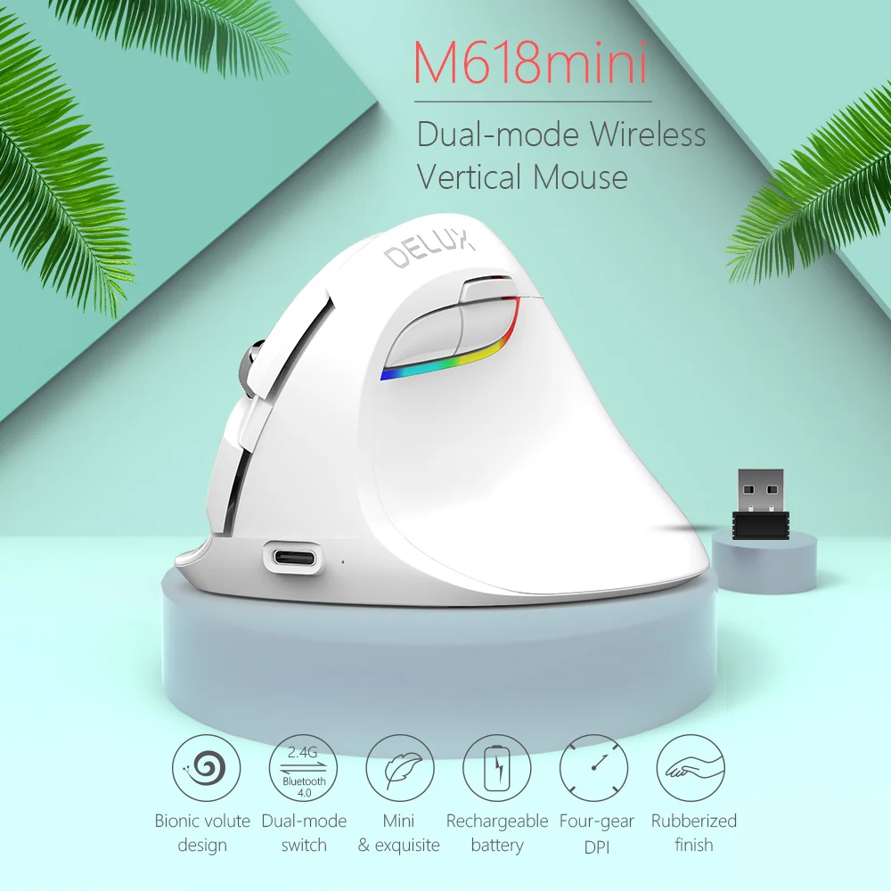 Delux M618 беспроводная мини-мышь Bluetooth 4,0+ 2,4 ГГц двойной режим эргономичная перезаряжаемая Бесшумная щелчок Вертикальная мышь для ПК белый