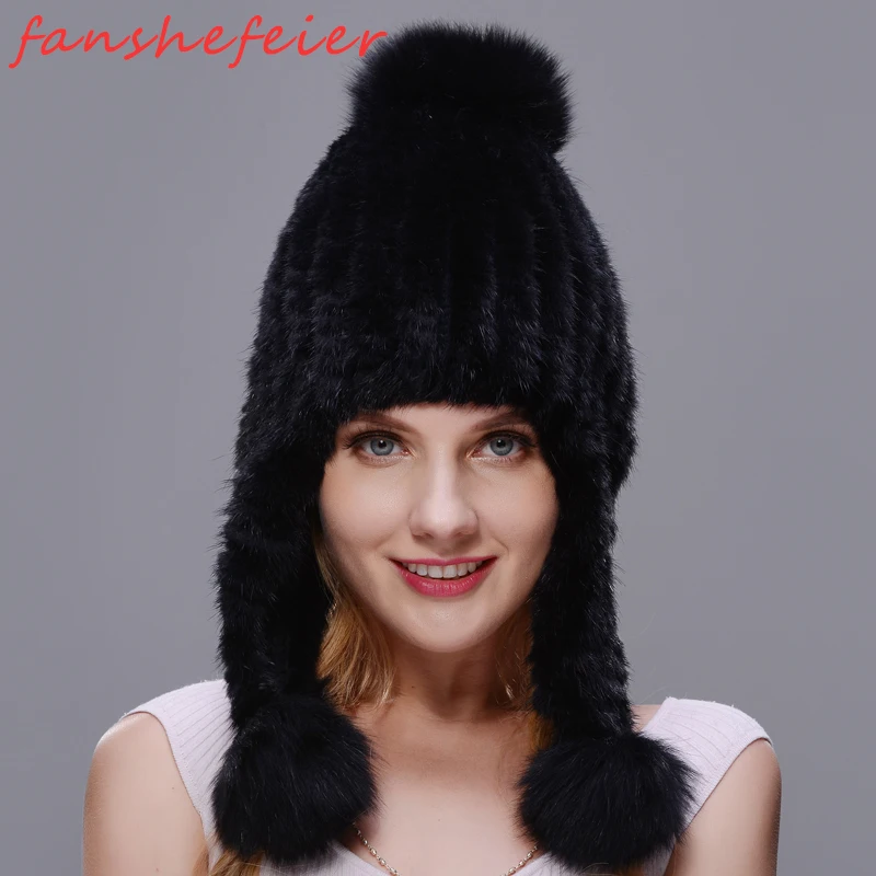 Настоящая Натуральная норковая шапка двойная вязанная длинная меховая с ушками