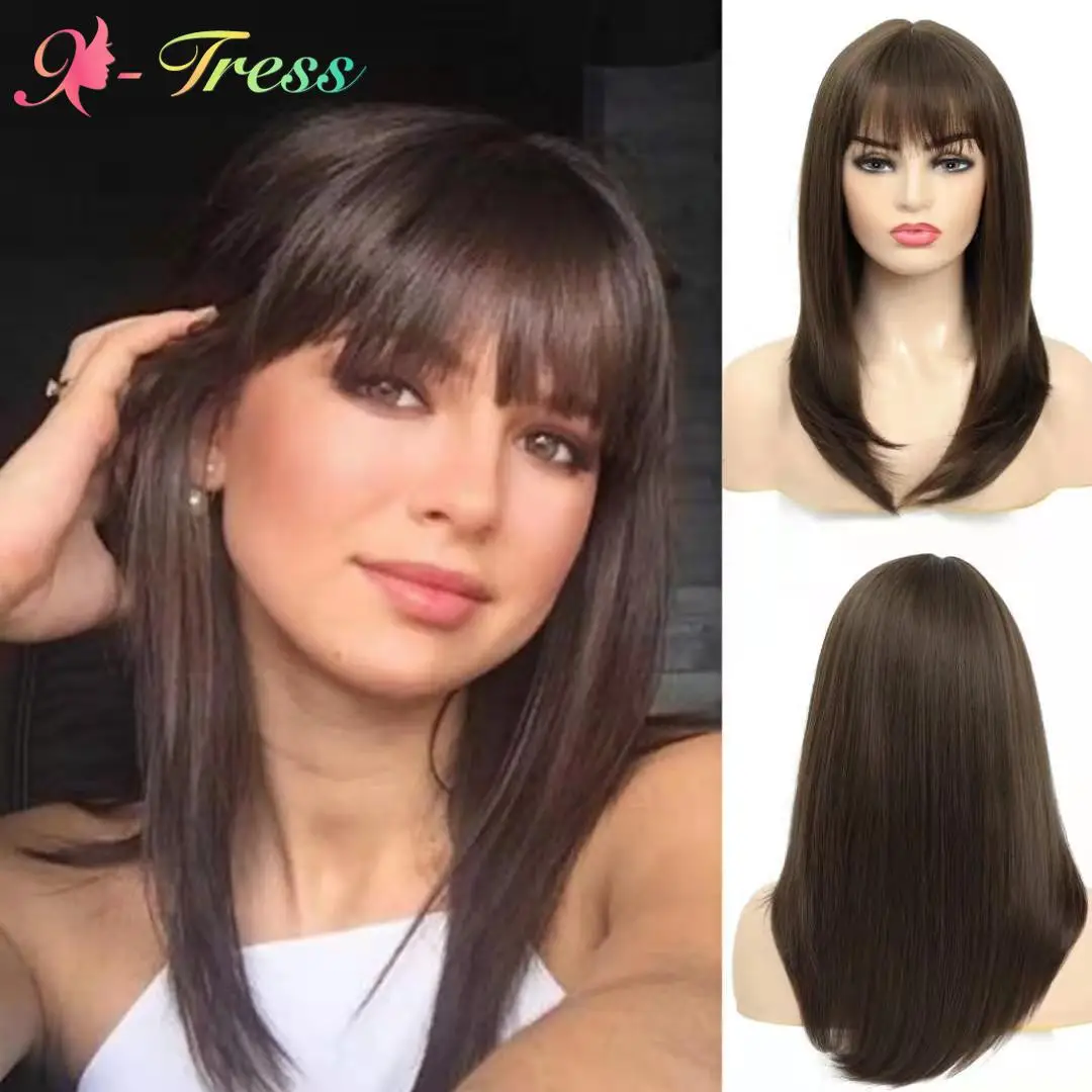 

Straight Brown Short Bob Wig With Bangs Synthetic Wigs For Women Heat Resistant Trendy Colorful Fiber Daily Cosplay Wig X-TRESS