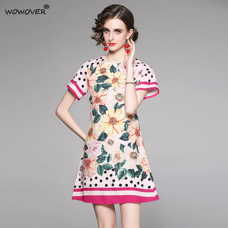 

Europe Style Fashion Short Sleeve Floral Print Runway Summer Women's Dress 2021 New Female Clothing Loose Waist Casual Vestidos
