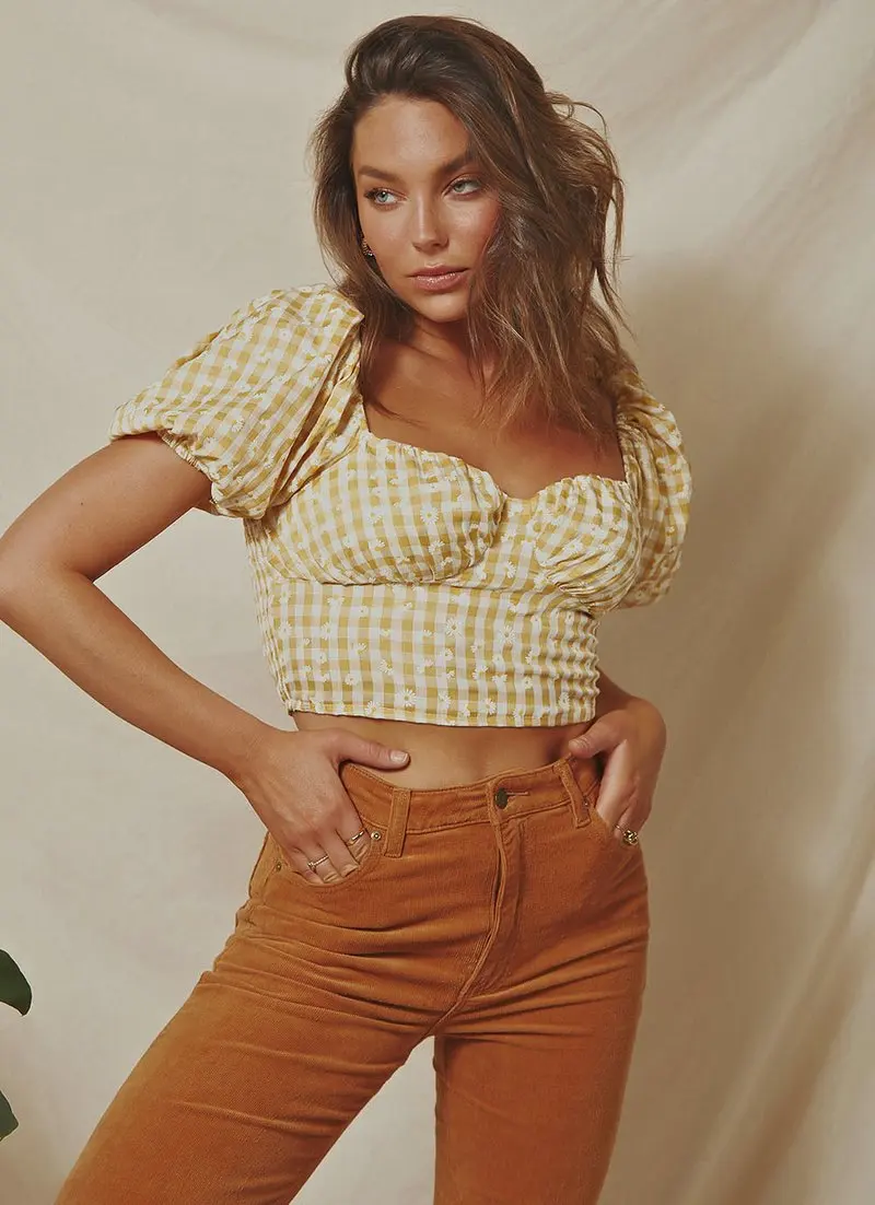 

MosiMolly 2021 Summer Blouses Shirt Women Puff Sleeve Daisy Flower Cropped Shirt Tops