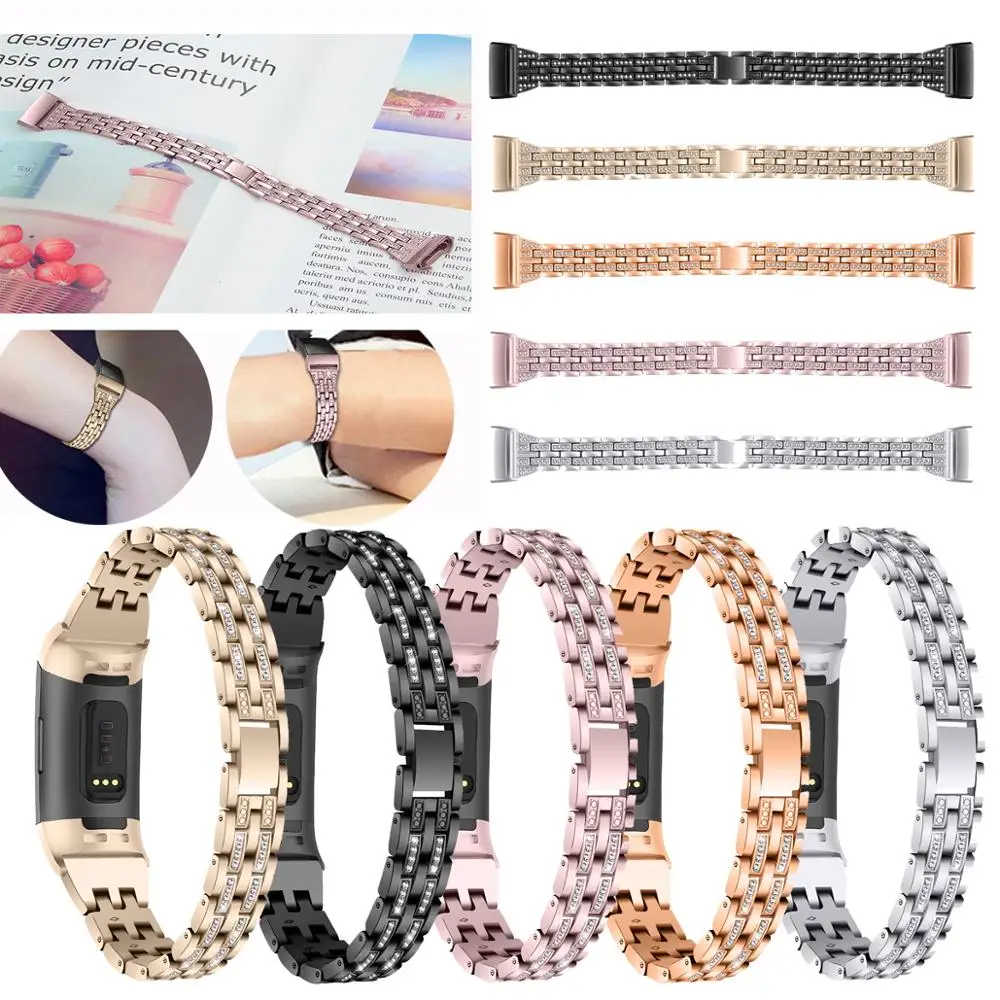 

For Fitbit Charge 3 five rows of two beads diamond Strap Stainless Steel Metal Wristband Watch Wrist band Strap Bracelet Replace