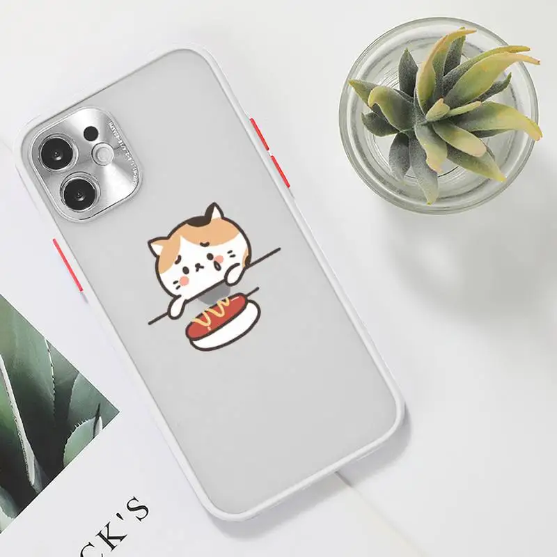 

Cartoon cute cat food glutton Phone Case For iPhone 12 11 Mini Pro XR XS Max 7 8 Plus X Matte transparent White Back Cover