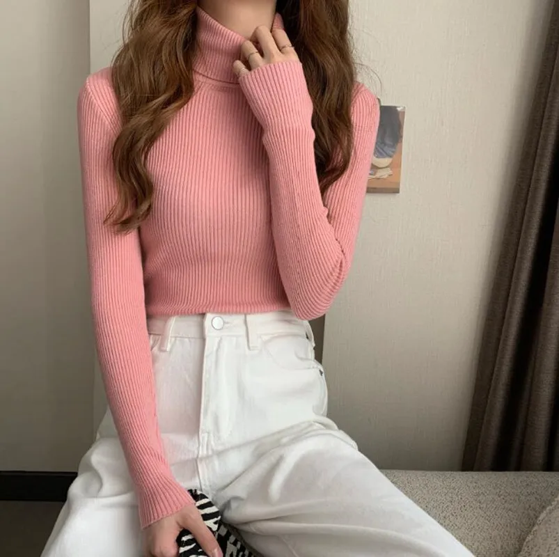 

Женские свитера с высоким воротником, сезон осень-зима, корейский Тонкий пуловер, Женские базовые Топы, повседневный мягкий вязаный свитер, ...