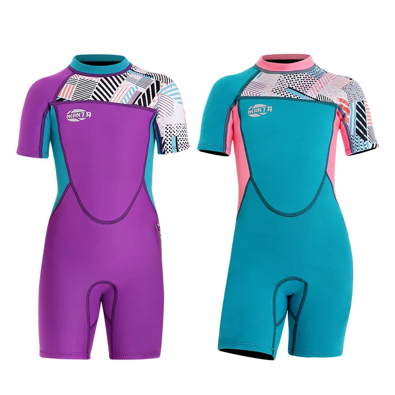 

2.5MM Children's Swimsuit Short-sleeved Diving Suit Female One-piece Middle-aged Student Swimwear Pants Sunscreen Warm Swimsuit