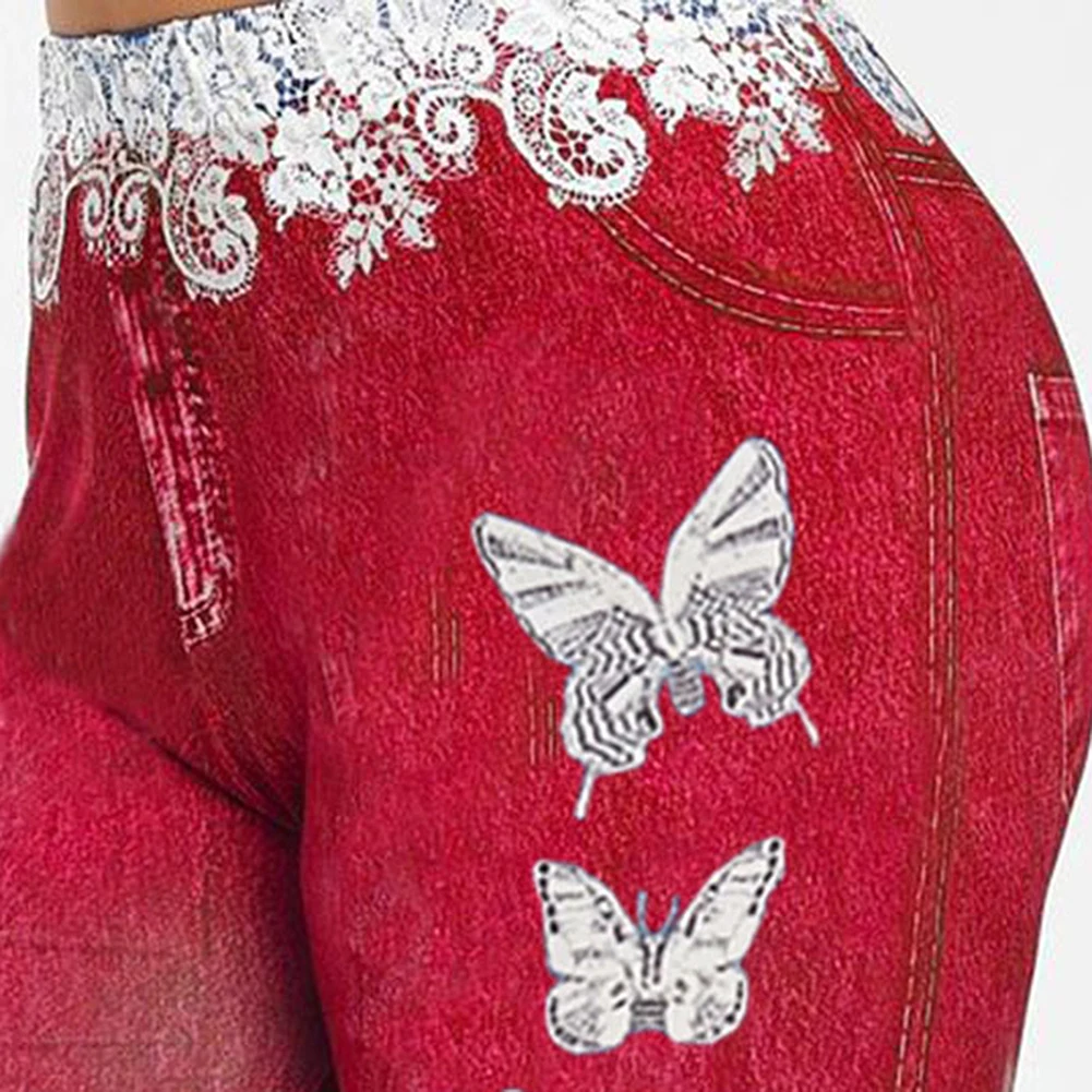 

Plus Size Denim Shorts Women Lace Patchwork Butterfly Print Bodycon Shorts Elastic Skinny Denim Shorts for Women short feminino