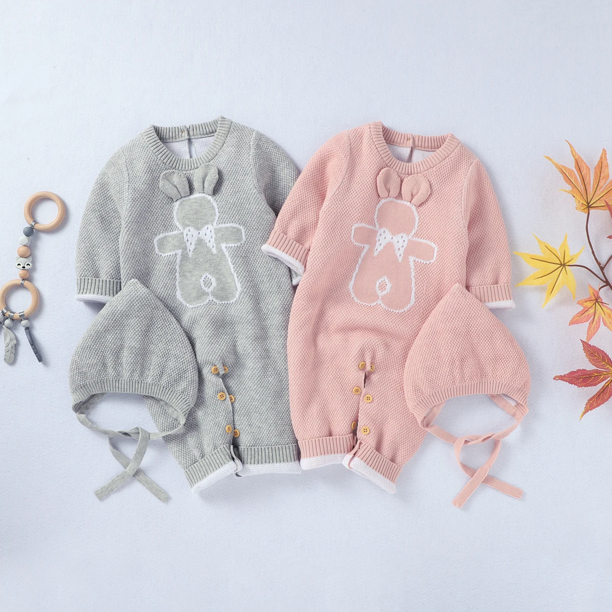 

pudcoco Baby Romper with Hat Cartoon Bear Print Round Neck Long Sleeve Jumpsuit and Solid Color Hat for Kids 3-24 Months