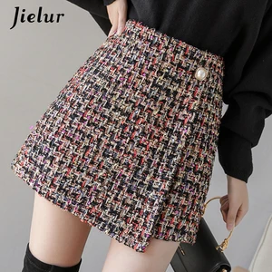 Женская юбка в клетку Jielur, мини-юбка трапециевидной формы с высокой талией на пуговицах, Осень-зима
