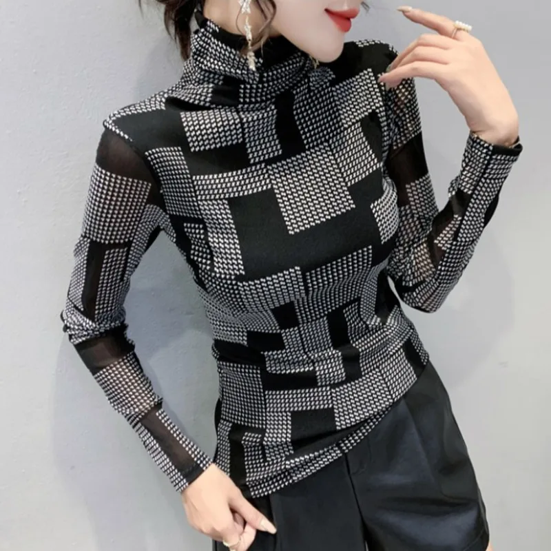 

#9076 Spring Autumn Casual Vintage Turtleneck T Shirt Women Long Sleeved Plaid Printed T Shirt Femme Korean Fashion Women Shirts