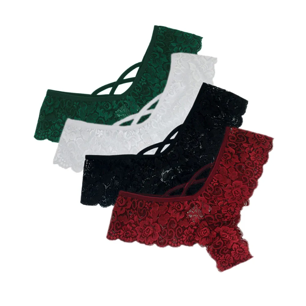 

4PC Sexy Women Lace Flowers Low Waist Underwear Panties G-string Lingerie Thongs bodysuit women erotic pornography panties