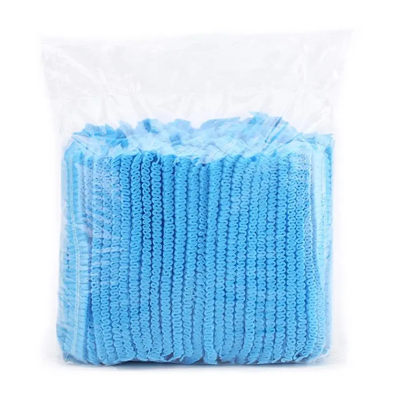 100pcs/set Disposable Bouffant Caps Hair Head Cover Net Blue/White Non-Woven Cap for Food Service | Красота и здоровье