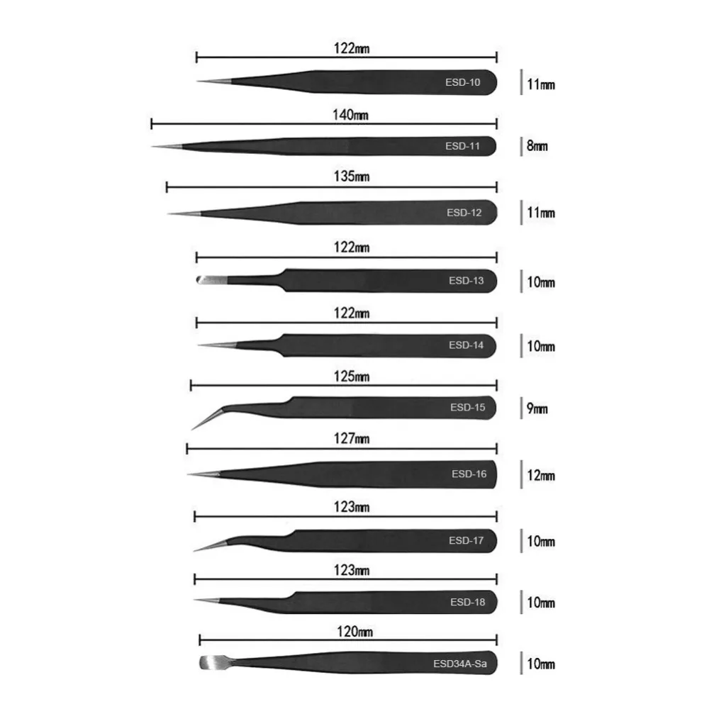 

New Arrival Tweezers 12 Pieces ESD Tweezers Tools Kit Anti-static Non-magnetic Stainless Steel Multi-standard with Storage Bag