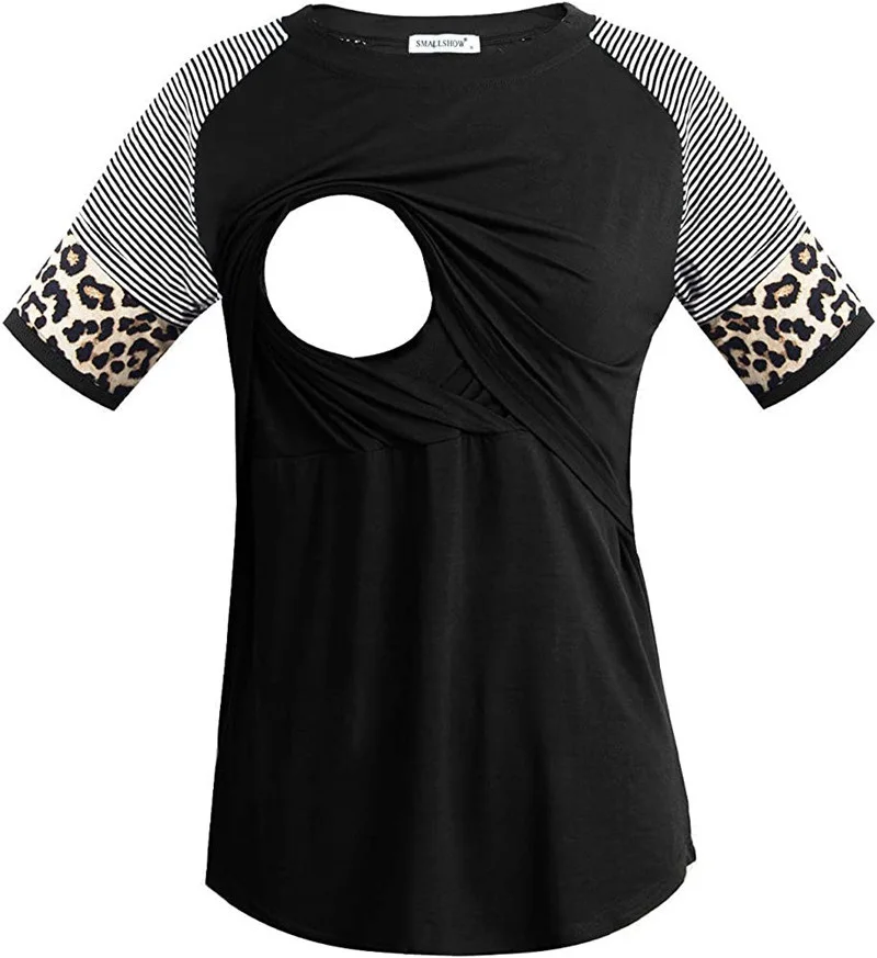 

Maternity 2021 Summer New Leopard Stitching Short Sleeve Striped Raglan Sleeve Maternity Lactation Top