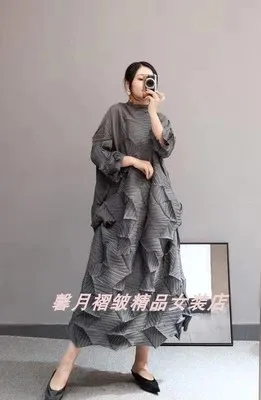 Серый Горячая Miyake модное платье со складками со стразами, однотонное Свободное длинное платье со стоячим воротником - Цвет: Серый