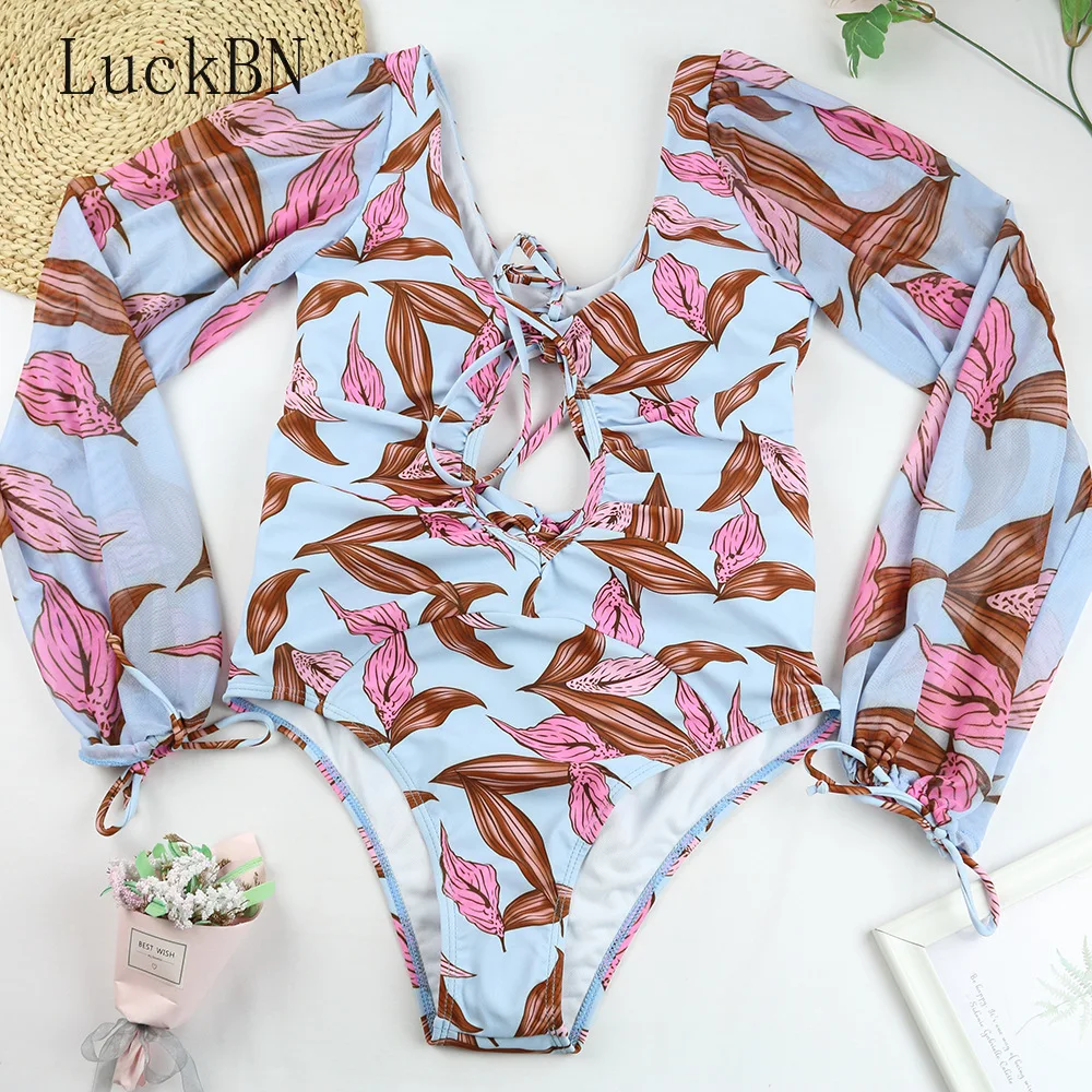 

Sexy One-piece Printed Bikini Long-sleeved Swimsuit One-piece Printed Surfing Swimsuit Ladies Deep V-neck Tights Swimsuit 2021