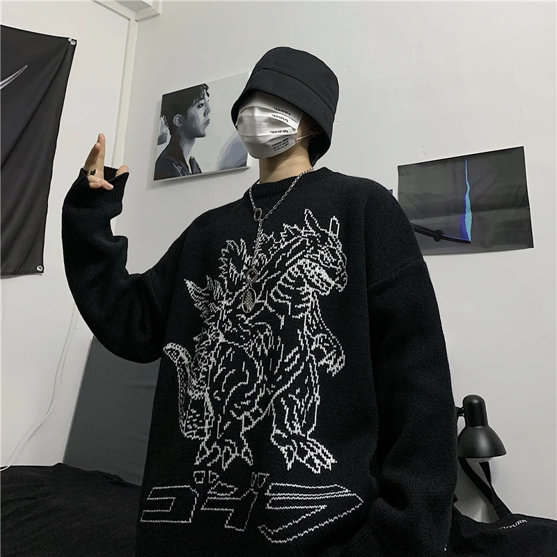 Cartoon Monster Sweater Retro Dinosaur Cotton Loose Round Neck Long Sleeve Knit Thick Harajuku Female | Женская одежда