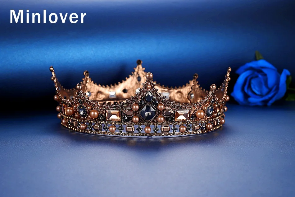 Minlover, Ретро стиль, кристалл, Полный Круглый, в стиле барокко, свадебная тиара, корона, свадебные аксессуары для волос для женщин, мужчин, королевская диадема, головной убор HG184