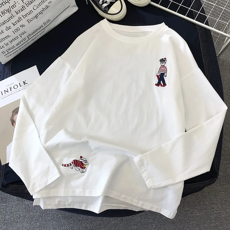 Xian 1971 bai Веселое Harajuku с персонажами из мультфильмов футболка с вышивкой летние шорты с длинными рукавами Повседневные свободные футболки в Корейском стиле для девочек; корейский Для женщин футболки черного и белого цвета Топ - Цвет: Xian 1971 bai