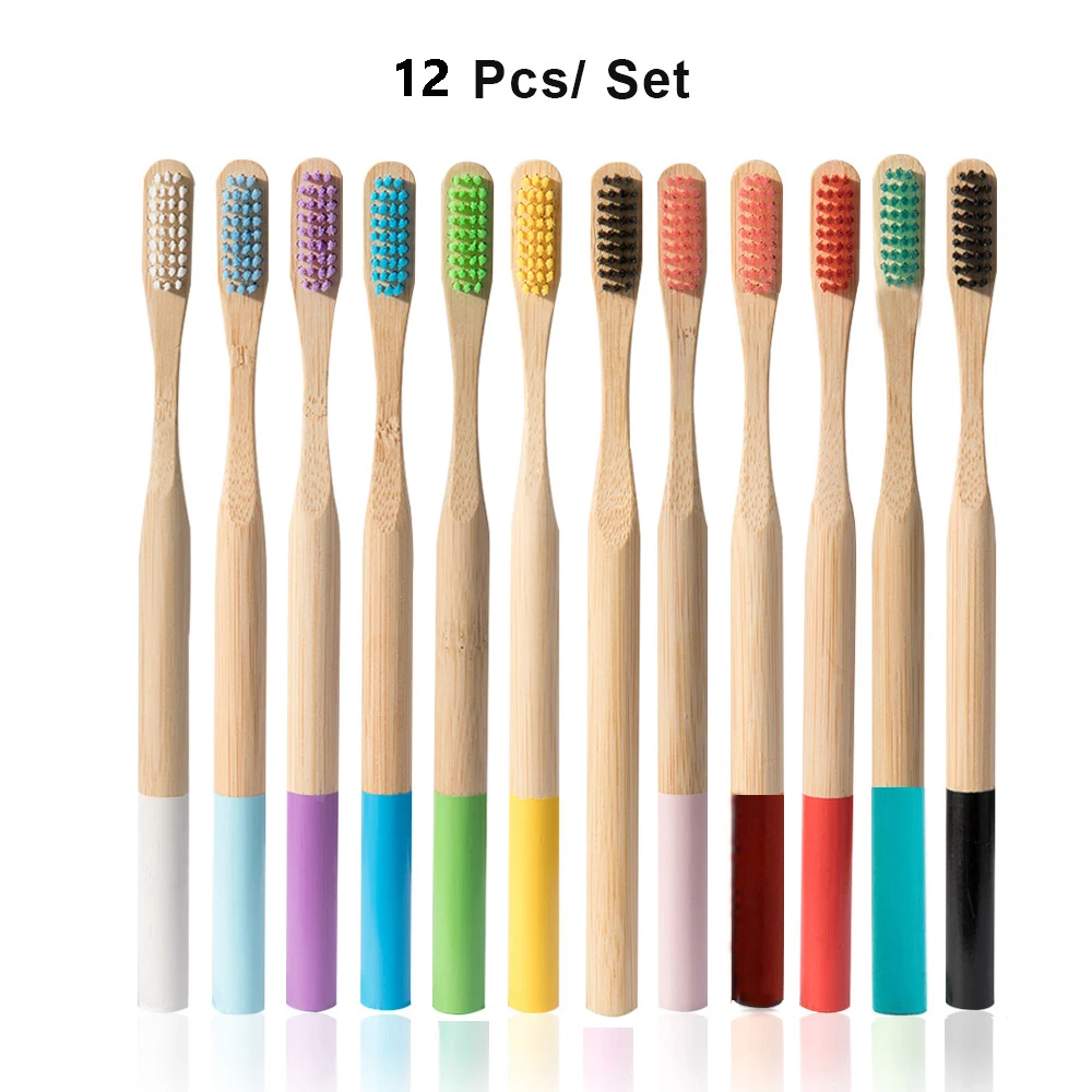 12pcs mixed Экологически дерево зубная щетка "Радуга" Бамбук 12/13 шт. Зубная щётка бамбуковое волокно деревянная ручка зубная щетка отбеливание красочный - Цвет: 12pcs mixed