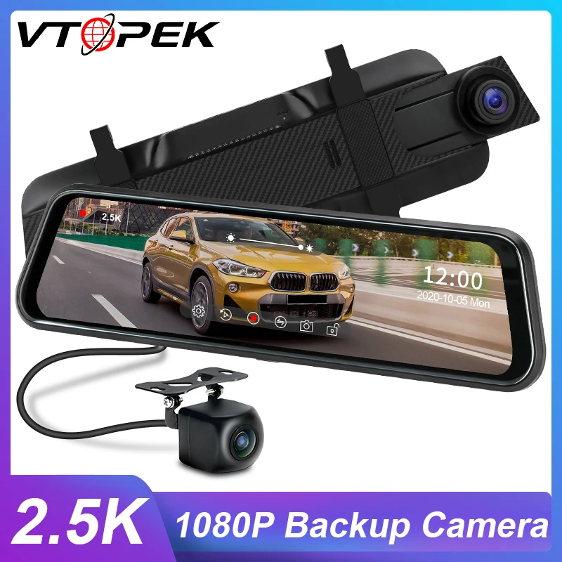 Vtopek Car DVR  Mirror 10 inch 2.5K+1080P Touch Screen Dash Cam Car DVR Camera Video Recorder Parking monitoring Registrar