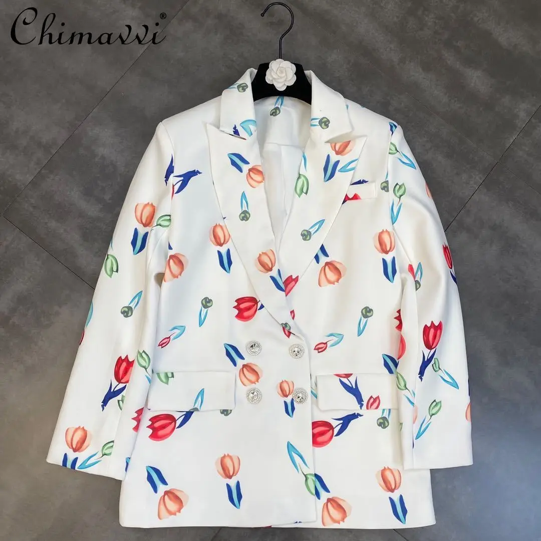 

Lapel Long Sleeve Drill Buckle Blazer Fashion Color Vintage Printed Loose Suit Coat 2021 Autumn Long Sleeve Temperament Jacket
