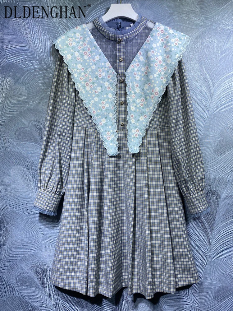 

Модельное дизайнерское осеннее платье DLDENGHAN, женские платья мини в клетку с воротником-стойкой, длинным рукавом, бусинами, пуговицами и цвет...