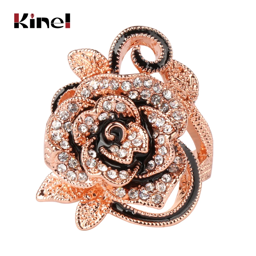 Rose Gold Kinel роскошное кольцо с кристаллами в виде цветка, розовое золото, винтажное ювелирное изделие в форме большого цветка, элегантные кольца для женщин, мода - Цвет основного камня: Rose Gold
