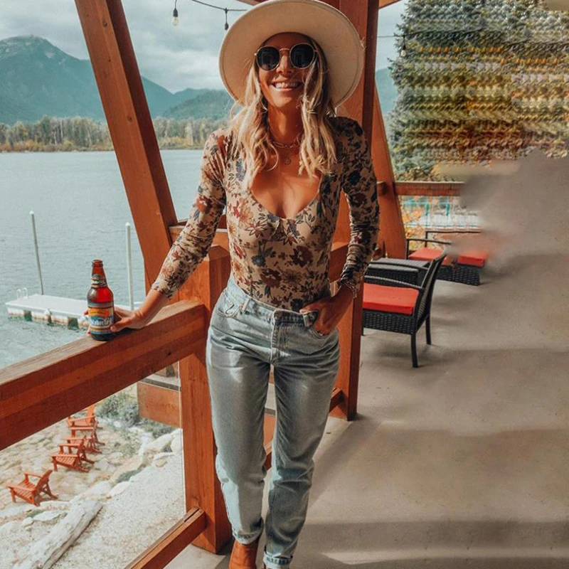 

Unaiza Women Spring Bodysuit 2021 New Fashion Casual Flower Mesh See-Through Square Neck Long-Sleeved One-Piece Bottoming Top