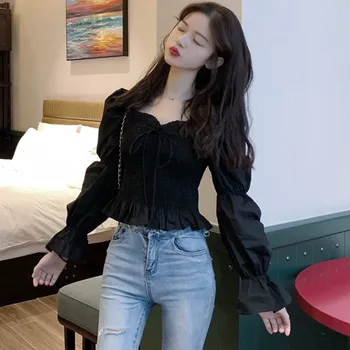 Women French Style Elegant Blouses Square Collar Slim Short Ladies Spring And Autumn Long-sleeved Shirt Top Black White 2020 1