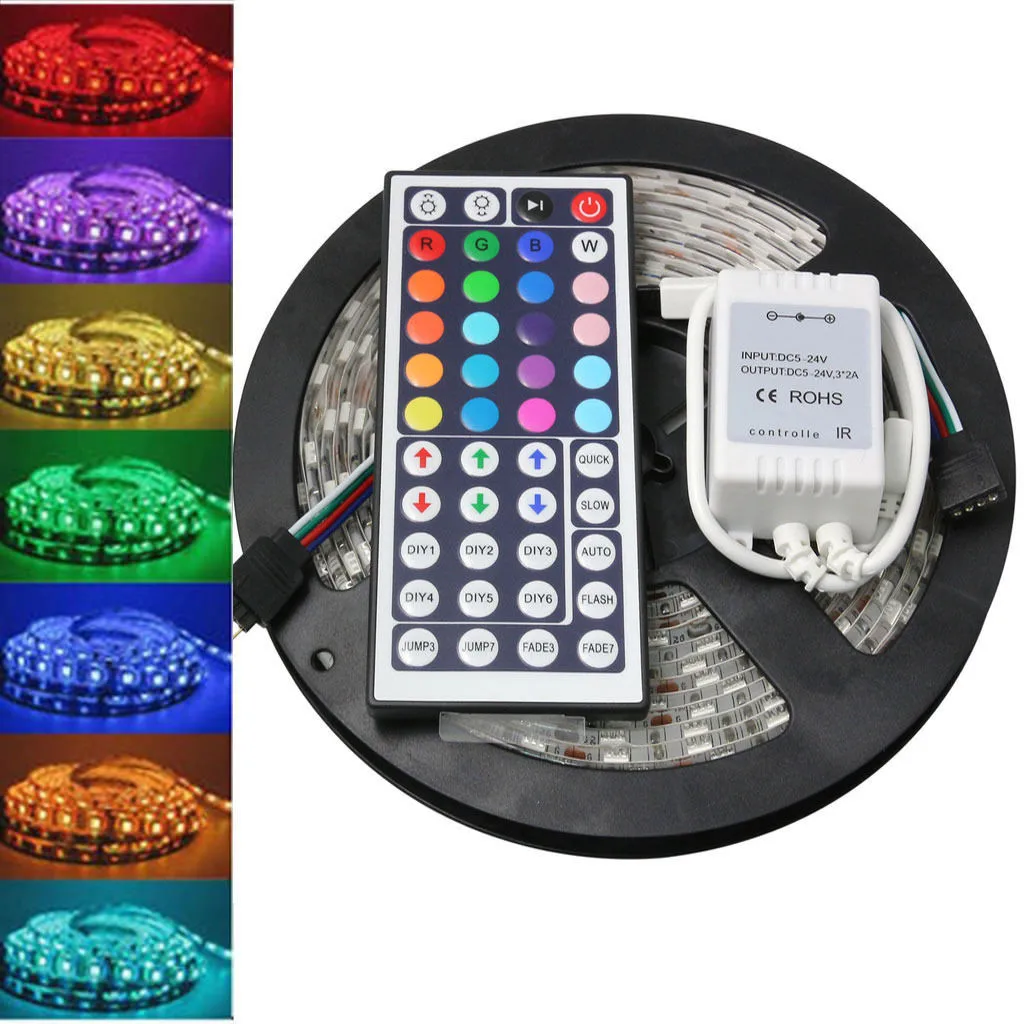 

5M 5050 RGB SMD LED Waterproof Flexible Strip 300 LEDs + 44 Key IR Remote Desktop lamp led light strip Control +Adapter #45