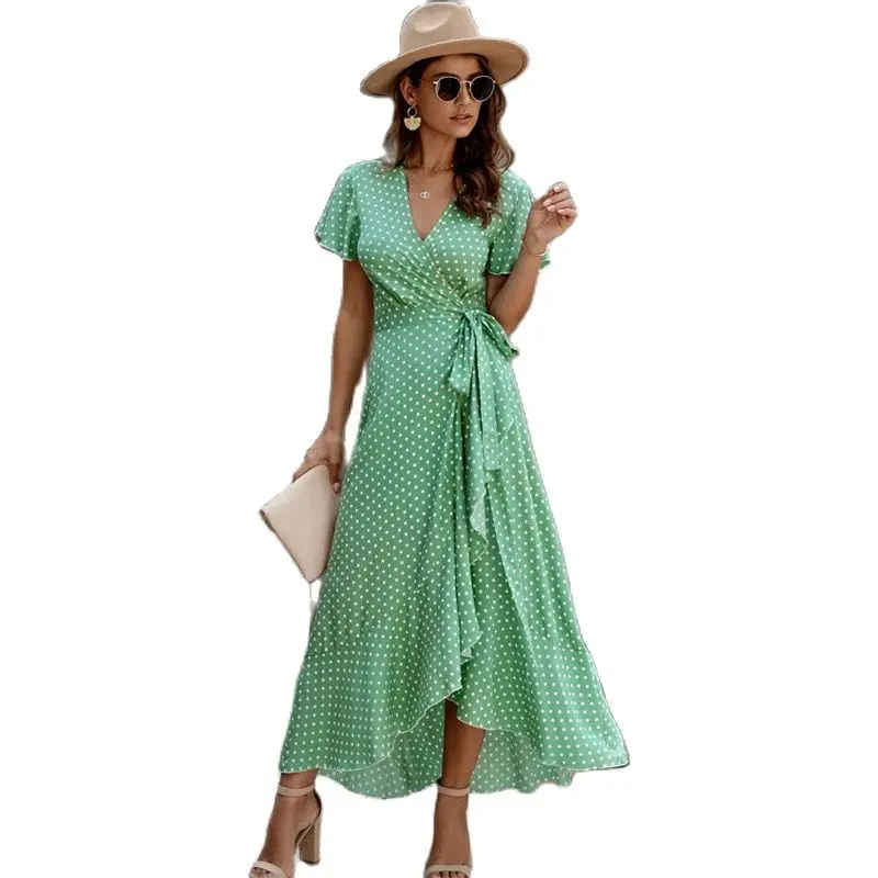 

2021 Summer Ladies Fashion Irregular Printing New Polka Dot Sexy V-Neck Ruffle Short Sleeve Dress Femme