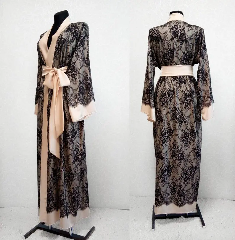 Черный кружевной Шелковый Атласный халат с длинными рукавами новинка 2020 одежда