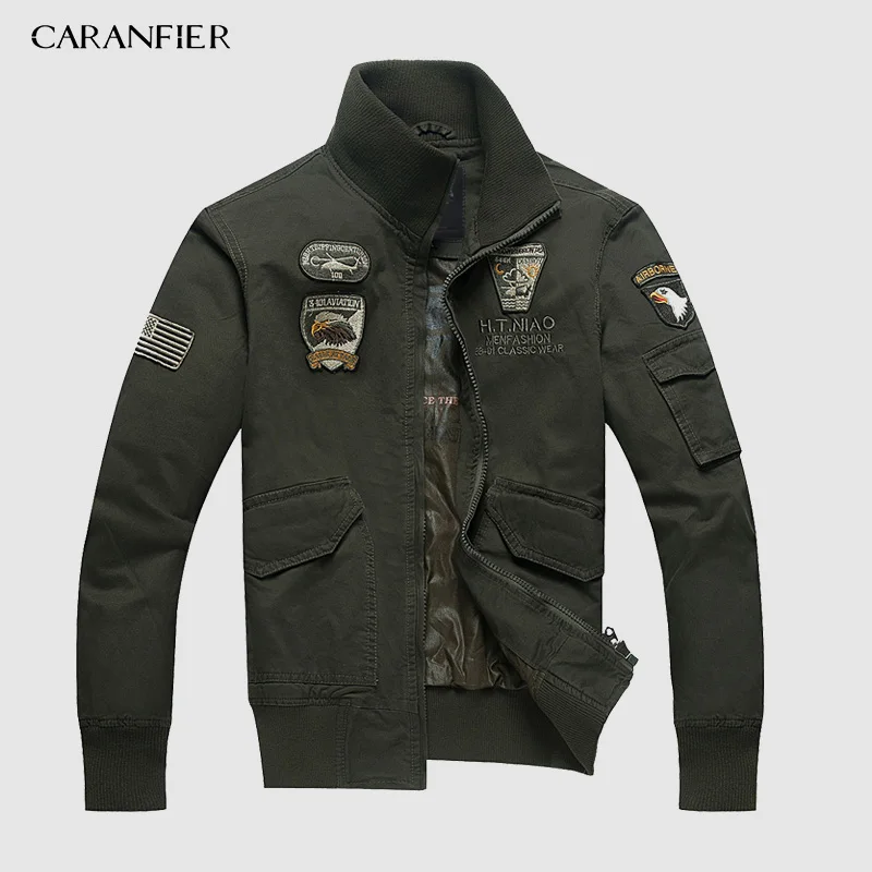 Зеленый CARANFIER/Новинка года; куртка-бомбер для мужчин; армейская зеленая куртка с длинными рукавами и стоячим воротником; Военная Повседневная Мужская Черная Готическая куртка; модная - Цвет: Зеленый