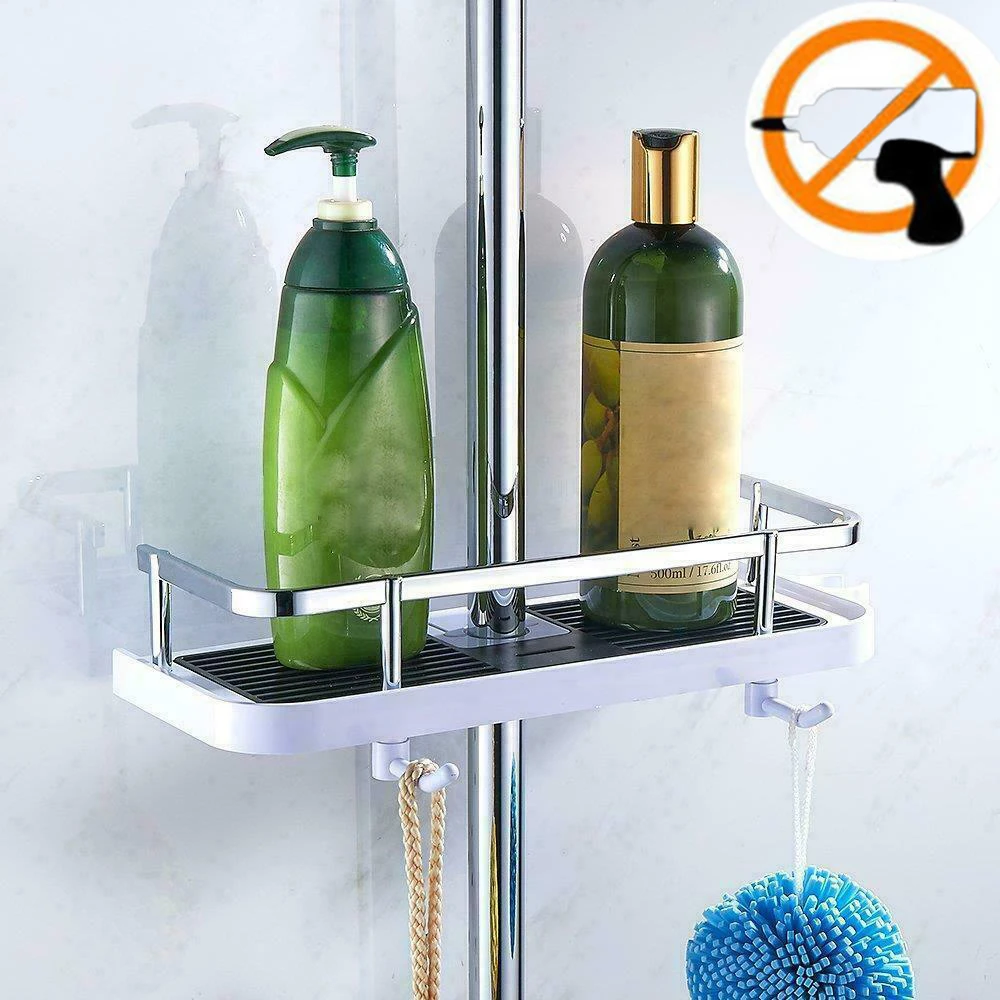 

Wall Mount Pole Hanging Floating Shelf Basket With Hooks Shower Shelf Bathroom Shampoo Holder Shelving Storage Rack Organizer
