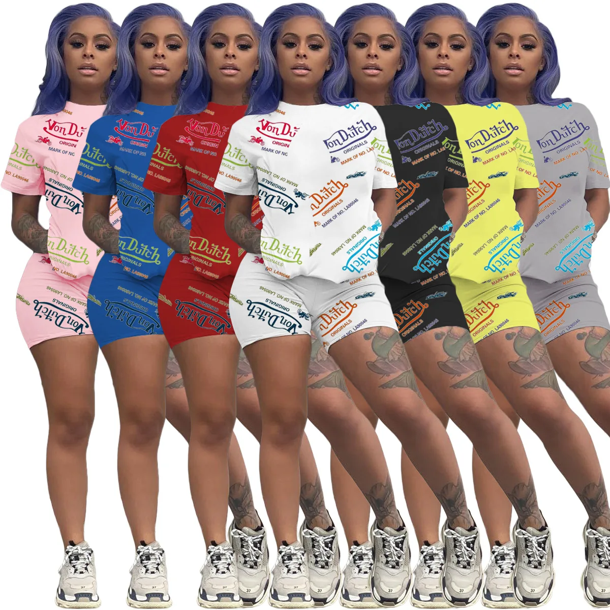 

New 2021 Women Sweatsuit Short Sleeve T Shirt Graffiti Two Piece Tracksuit 2 Piece Biker Shorts Set Von Dutch Outfit Cotton