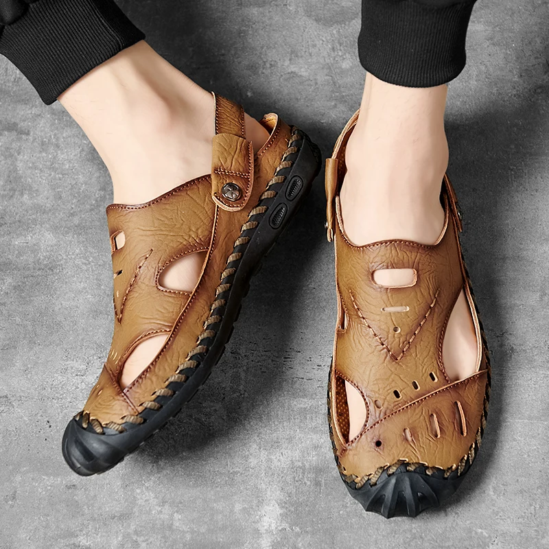 Мужские кожаные сандалии Baotou бежевая пляжная обувь повседневные босоножки