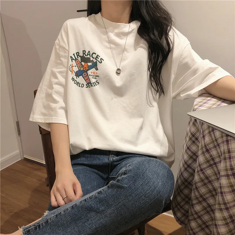 

2021 New Printed Korean Version Of Loose Short-sleeved T-shirt For Women In Summer With A Plus Size Bottoming Shirt Top Ins
