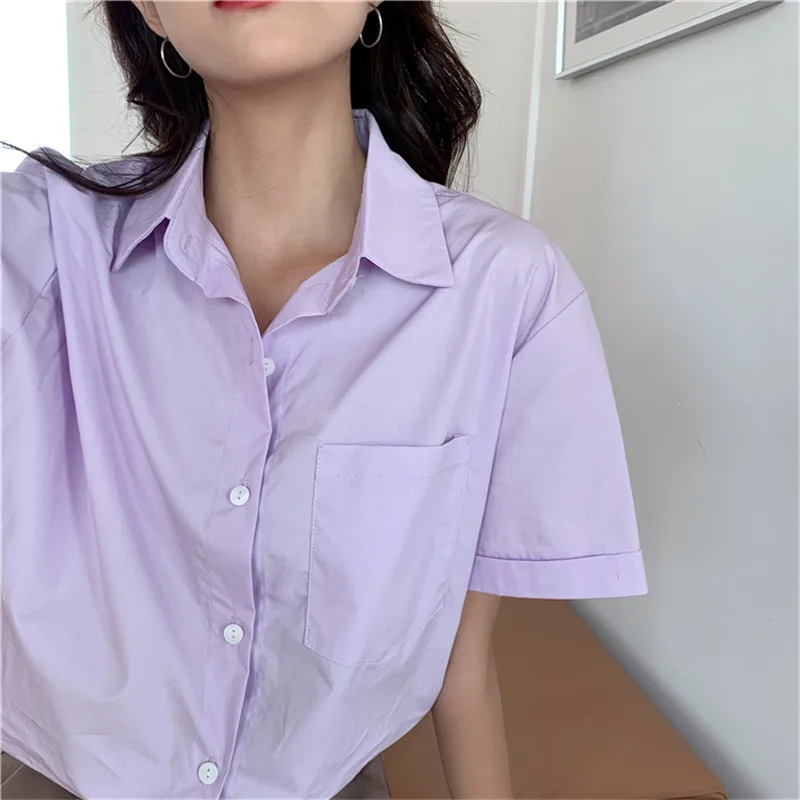 

HziriP 2020 New Summer Women Blouses OL Solid Basic Shirt Femme Casual Short Sleeve Fashion Cotton Loose Lapel Work Wear Tops