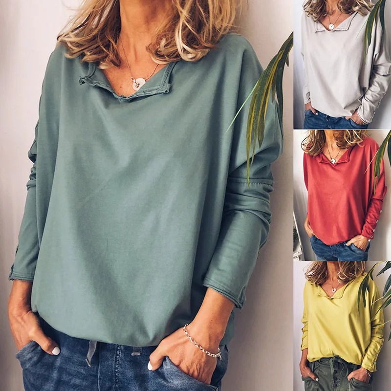 Твердые Цвет футболки 2021 Новая женская футболка с длинным рукавом топы длинными