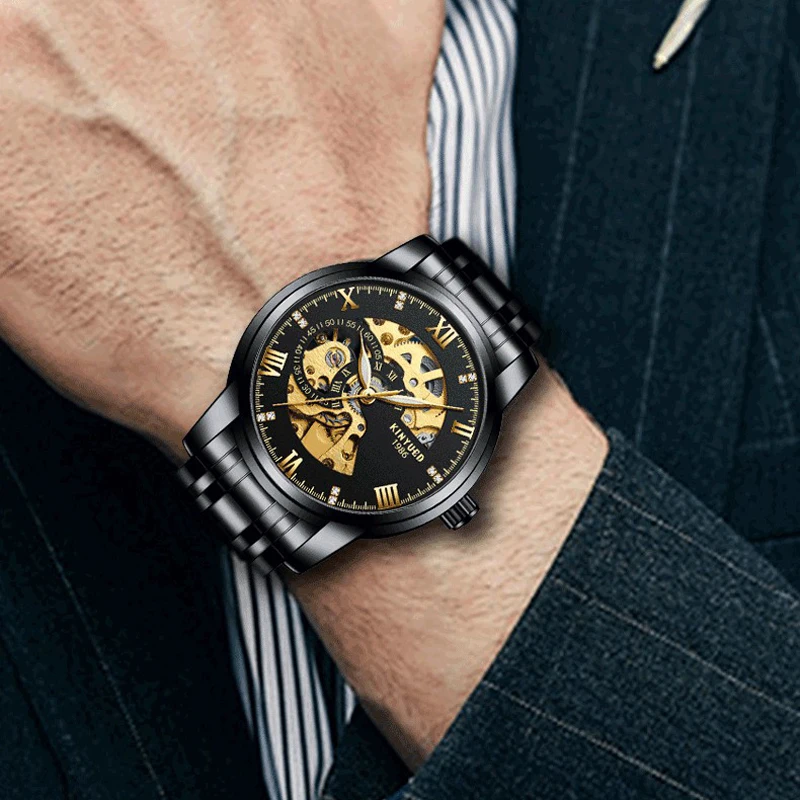 

KINYUED Men Business Automatic Mechanical Watch Men's Top Luxury Stainless Steel Waterproof Luminous Gold Skeleton Watches J020