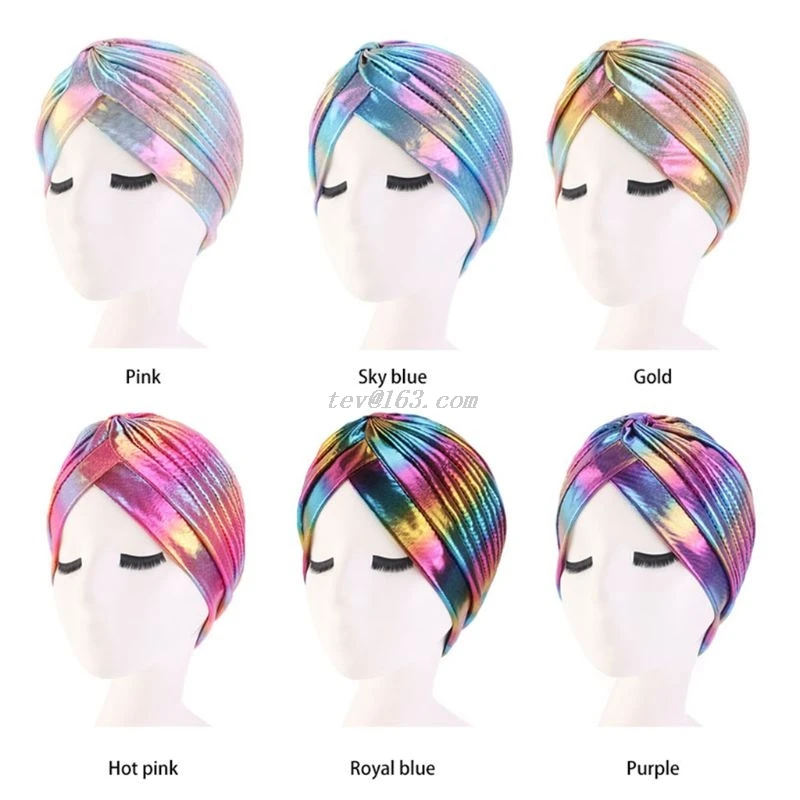 

Women Rainbow Metallic Arab Turban Hat Pleated Headwrap Glitter Colorful Beanie Muslim Hairband Hair Loss Chemo Ca