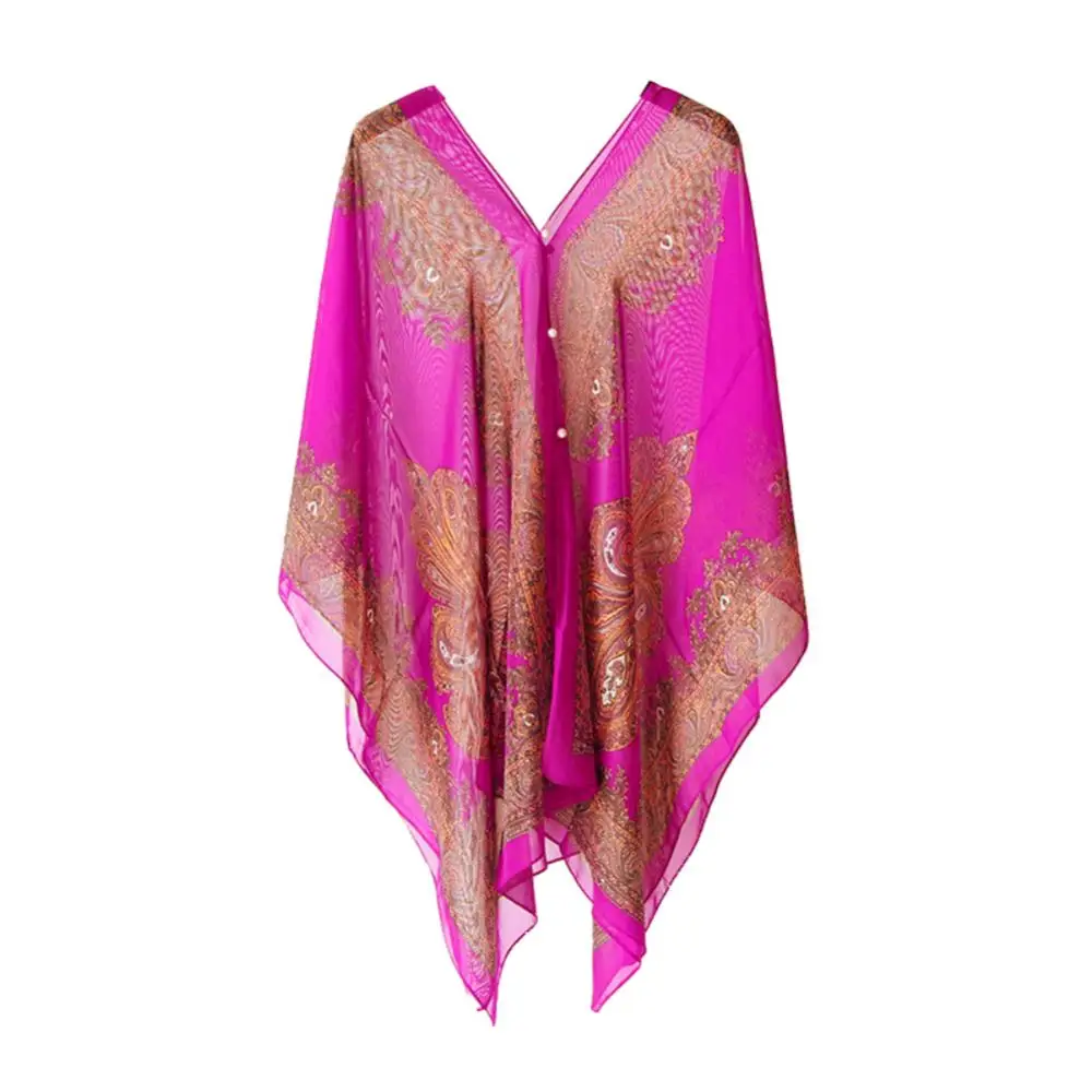 

Women Summer Beach Bikini Cover Up Loose Chiffon Blouse Shawl Scarf with Button-s suitable for party holiday daily wear