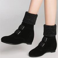 knitting casual shoes women genuine leather wedges high heel ankle boots female slip on high top round toe platform pumps shoes